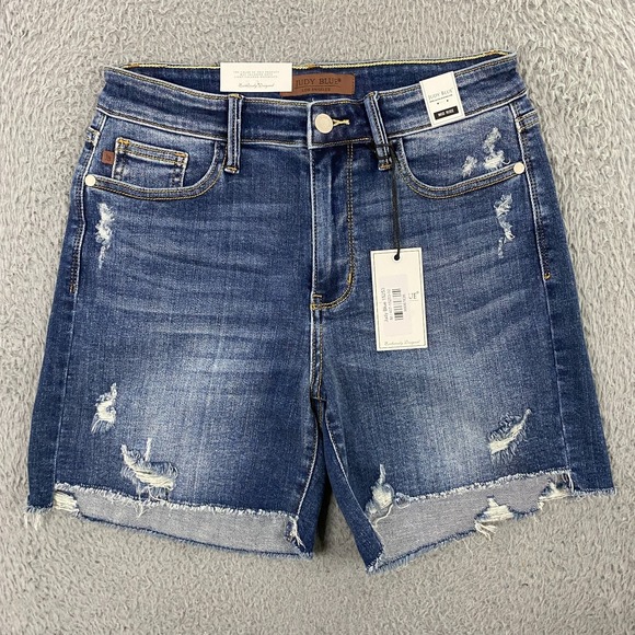 Judy Blue Denim Shorts Womens Medium Cut Off  Mid Rise Distressed Stretch Jorts - Picture 1 of 11